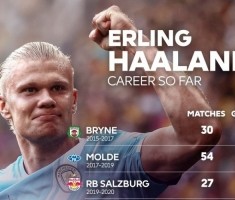 英超官方晒哈兰德进球分布：曼城149场127球，挪威队45场48球